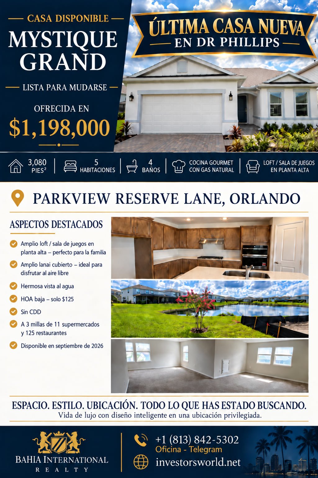 Volante de la casa Mystique Grand en Parkview Reserve Lane, casa nueva en Dr. Phillips, Orlando